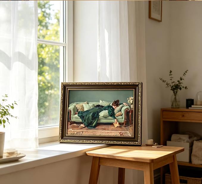 Vintage Gold Framed Wall Art, 3D Textured Victorian Woman Canvas Print | Moody Cozy Black Cat Picture Wall Decor, Antique Woman Reading Sofa Poster Artwork for Library Bedroom Living Room