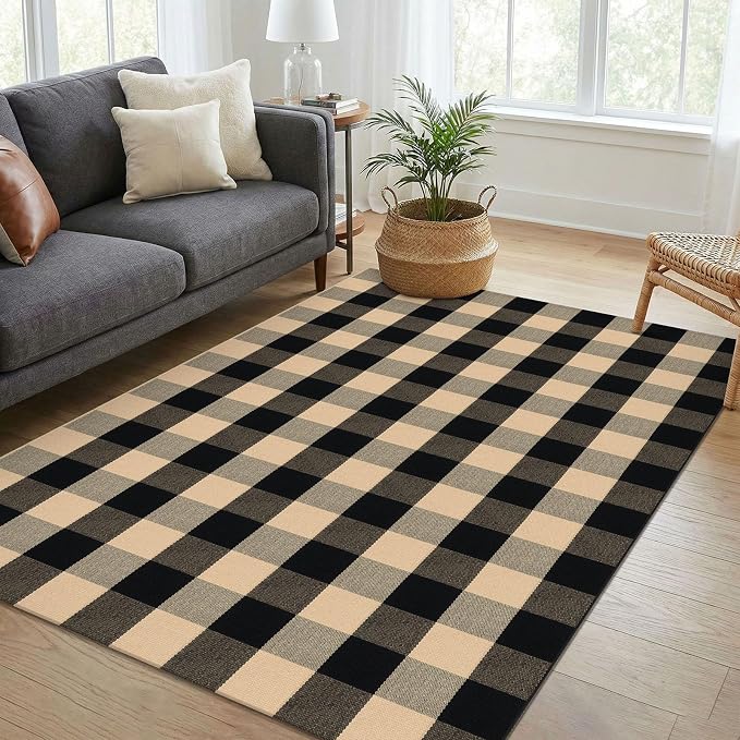 KOZYFLY Buffalo Plaid Area Rug 4 x 6 Ft Brown and Black Checkered Rug | Washable Outdoor Rugs, Cotton Front Porch Rug, Woven Front Door Rug, Indoor Carpet for Living Room Dining Room Kitchen Patio