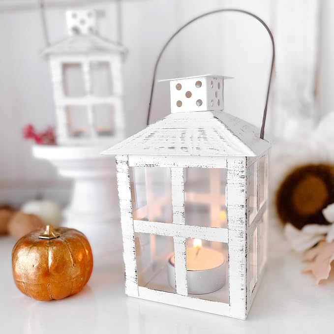 Kate Aspen Set of 6 White Vintage Distressed Rustic Candle Holder Decorative Lantern (6 Inch), Wedding Decoration, Centerpiece, Farmhouse Decor, Shelf Decor