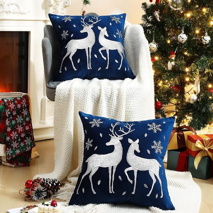 Lewondr Christmas Throw Pillow Cover, White Deer Snowflake, 18"x18", 2 Pack | Navy Blue, Soft Velvet, Embroidery Decorative, Luxurious Sofa Cushion Cover, Home Christmas Decoration