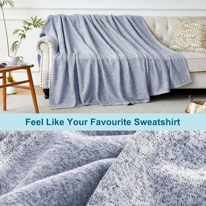 KAWAHOME Summer Sweatshirt Blanket for Bed Lightweight Soft Thin, 55" × 79" | Breathable Jersey Blankets for Hot Sleepers in Air-Conditioned Room, Home Decor Holiday Gift, Heather Blue