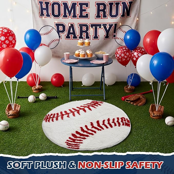 Funtery Baseball Rug for Boys Room Decor Non Slip Absorbent Sports Soft Mat Field Sports Area Rug Plush Soft Washable Carpet Bedroom Bathroom Welcome Door(White, 25.5x25.5, Baseball)