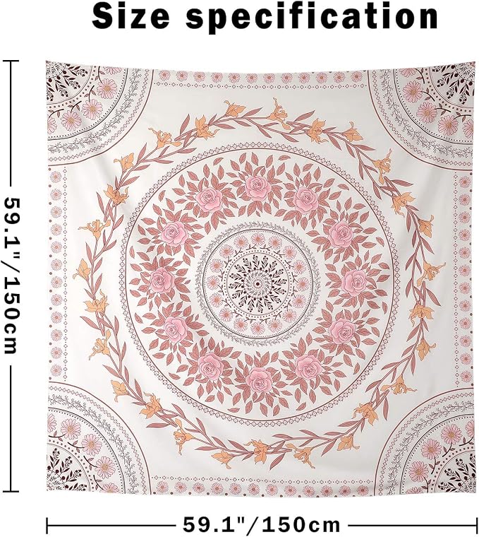 Wall Tapestry for Bedroom Aesthetic Pink Mandala Wall Hanging Large Boho Trippy Tapestries Bohemian Art Tapistry Hippie Floral Tapastry Decor For Bedroom Ceiling Living Room Dorm (60ʺ × 60ʺ)
