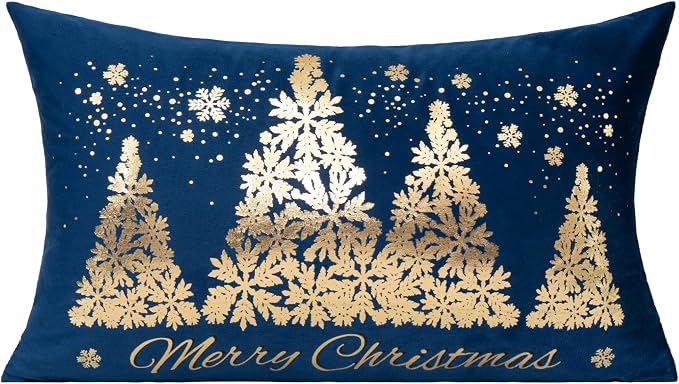 All Smiles Navy Bule Gold Christmas Decorations Throw Pillow Covers Cases 12X20 Set of 2 Winter Xmas Indoor Home Holiday Décor Ornaments Velvet Navidad Cushion for Sofa Tree Snowflake Reindeer