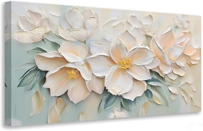Anolyfi Large White Floral Canvas Wall Art for Living Room Bedroom 48"x24" | HD Print and Hand-painted Textured, Easy to Hang, Durable Colorfast, Modern Flowers Sage Paintings for Hallway Home Decor