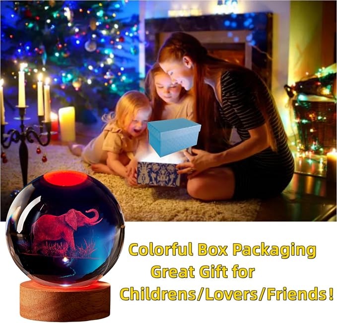 3D Elephant Crystal Ball Lamp, Upgraded 3.15 Inch Elephant Crystal Ball Night Light with 16 Colors LED Wooden Base, Remote Control, Gift Box Packaging, Home Decor Gift for Friends (Elephant)