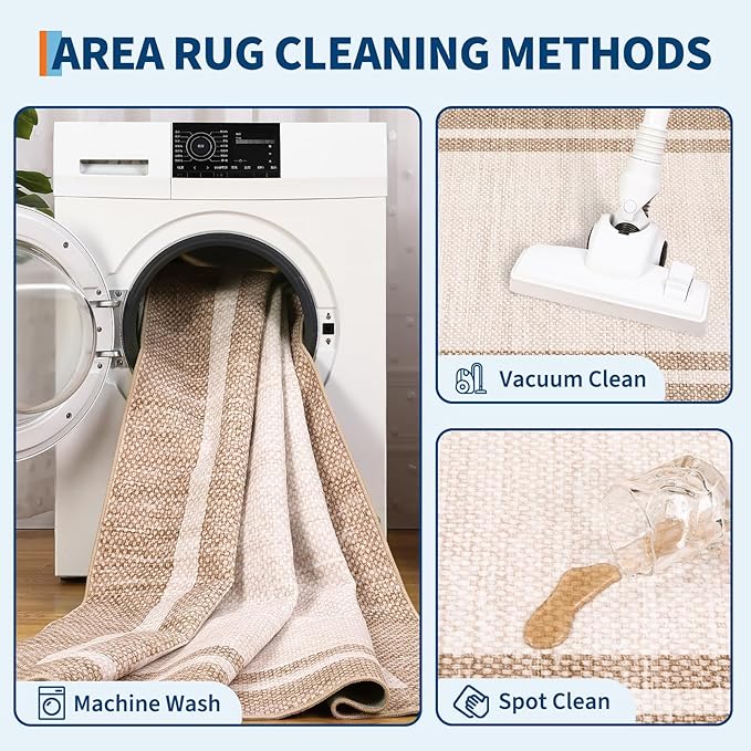 COZYLOOM Bath Rugs for Bathroom Modern Bordered 4x6 Rug for Entryway Indoor Machine Washable Rugs with Non Slip Backing, Non Shedding Stain Resistant Minimalist Carpet for Living Room, Nursery, Beige