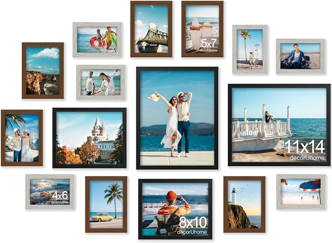 decorUhome 16 Pack Assorted Picture Frame Set for Wall & Tabletop, P0716MT | Black / Brown / Grey, Multi Size Picture Frame Includes Two 11x14 / Two 8x10 / Six 5x7 / Six 4x6 for Family Gallery Wall