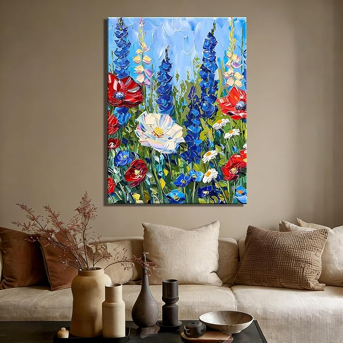 Made USA Framed Red White Blue Wildflower Wall Art, Retro Bedroom Kitchen Wall Decor Rustic 4th of July Independence Day Canvas Prints Artwork, Classic Patriotic Pictures Home Decor