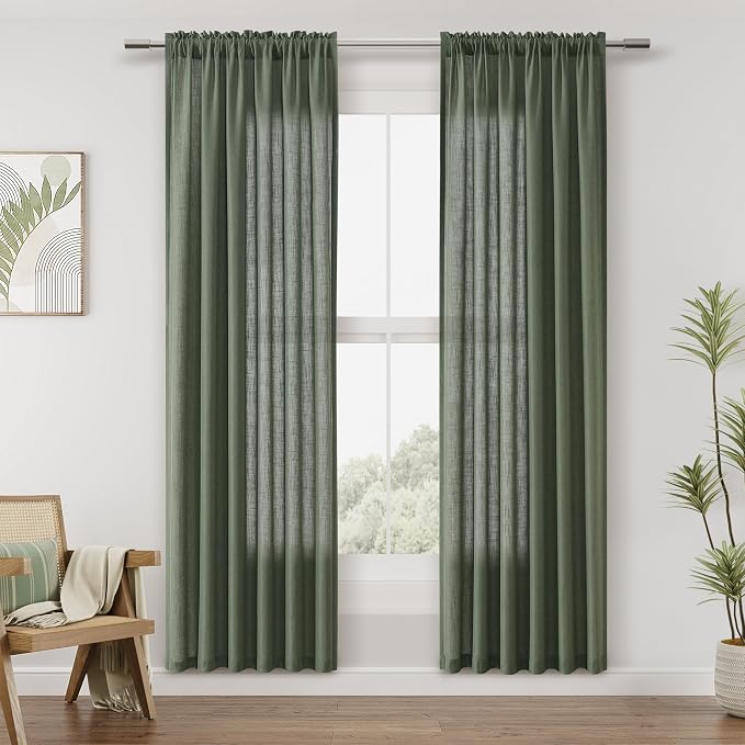 Olive Green Linen Curtains 80 Inch Length for Living Room Bedroom 2 Panels Set Rod Pocket Light Filtering Semi Sheer Window Curtains 52 Inch Width Boho Farmhouse Linen Drapes, W52xL80