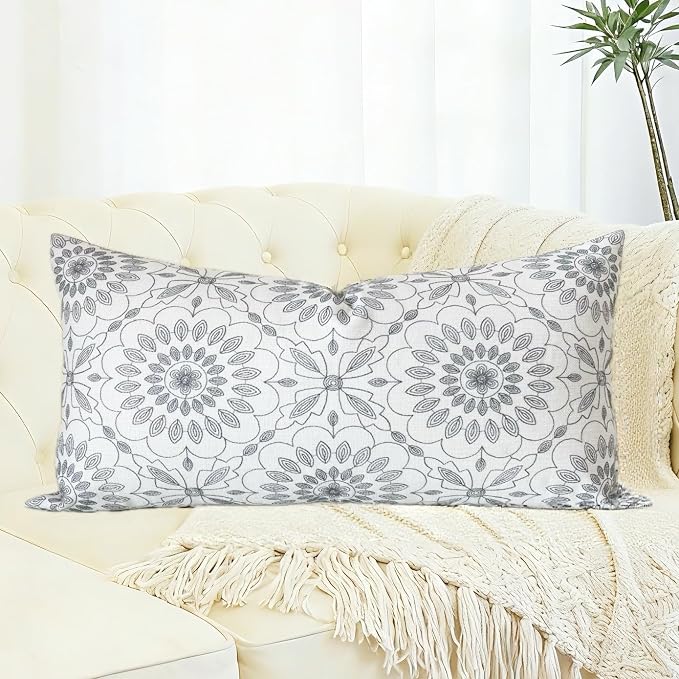 Slow Cow Linen Embroidery Rectangular Pillow Cover Pillowcase Decorative Lumbar Throw Pillow Cover for Couch Sofa 12 x 24 Inches Dark Grey