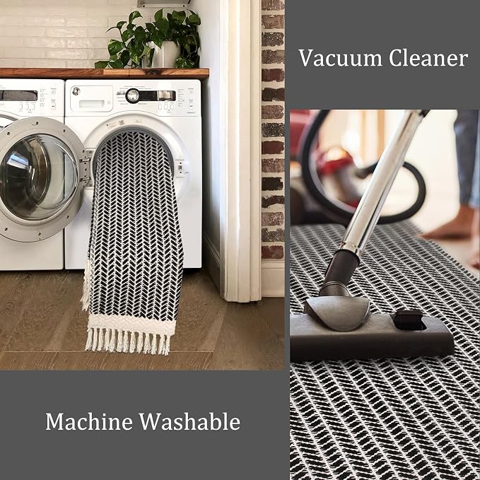 Lahome Boho Bathroom Runner Rug, 2x5 Washable Rugs for Kitchen Hallway | Entryway Laundry Room Throw Carpet with Tassels Woven Cotton, Farmhouse Non Shedding Indoor Door Mat for Bath Bedroom
