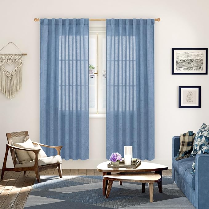 YoungsTex Light Blue Linen Curtains 78 Inch Length for Living Room, Light Filtering Drapes with Rod Pocket Back Tab Semi Sheer Privacy for Office Bedroom Window, 2 Panels, 52 X 78 Inch