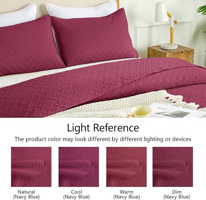 FLYMME Quilts Queen Size,Lightweight Burgundy Bedspreads,Basket Weave Pattern,Ultra Soft Microfiber Bed Coverlet 3 Pieces for All-Seasons (1 Quilt,2 Shams)