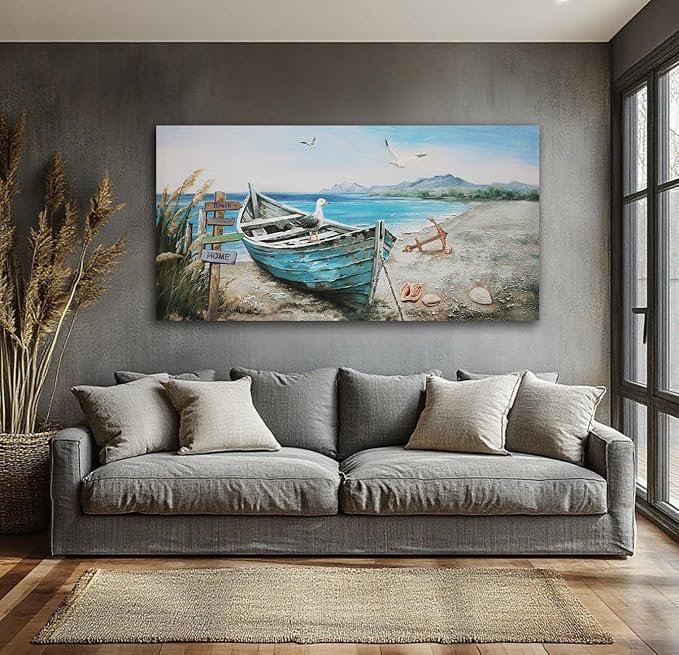 Anolyfi Nautical Wall Art Decor Coastal Artwork for Living Room 58"x29" | HD Print and Hand-painted Textured, Easy to Hang, Durable Colorfast, Blue Boat Beach Paintings for Hallway Home Decor