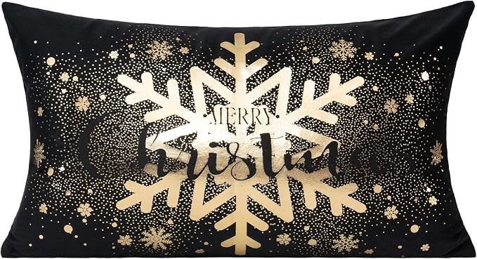 All Smiles Black Christmas Gold Throw Pillow Covers Xmas Cases Decorations 12X20 Set of 2 Décor Indoor Home Soft Velvet Decorative Navidad Cushion for Sofa Couch Tree Snowflake Reindeer