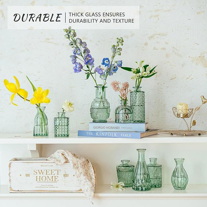 SUPMIND Glass Bud Vase Set, 16pcs Green Small Flower Vases for Centerpieces | Cute Mini Vintage Vases in Bulk for Table Centerpieces, Wedding, Home, Party Decoration