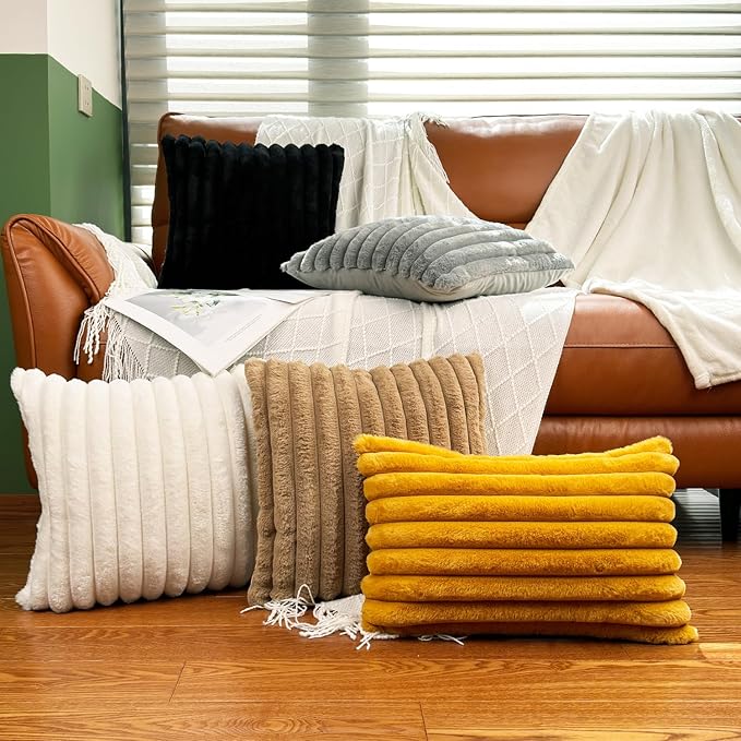 COTEY 24x24 Decorative Faux Fur Throw Pillow Covers Set of 2- Cream White