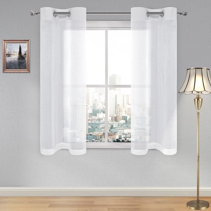 DWCN White Faux Linen Sheer Curtains - Grommet Top Voile Short Window Curtains Drapes 54 Inches Long, Solid Short Semi Sheer Curtains for Bedroom Living Room 28 x 54 inch Length Set of 2 Panels
