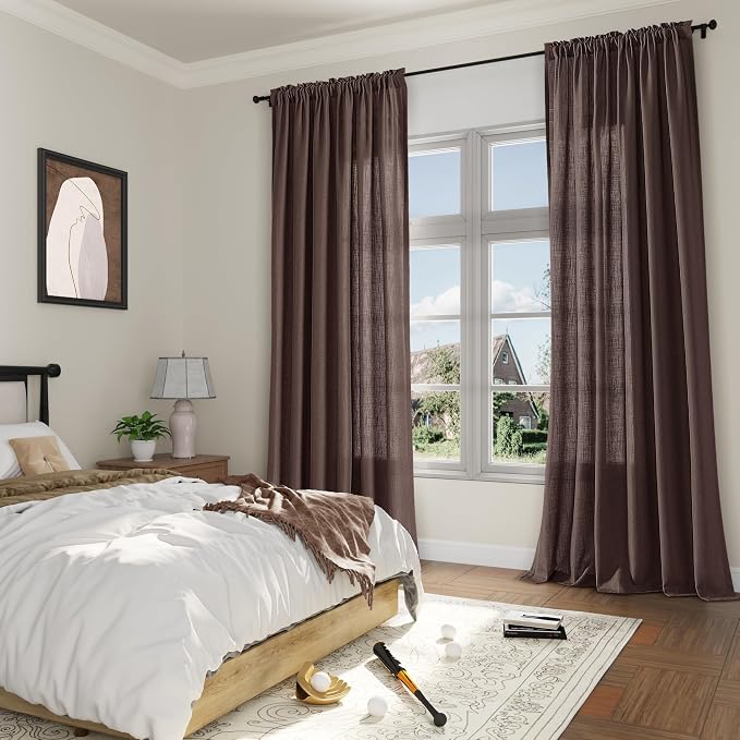 Coffee Linen Curtains 108 Inch Length for Living Room Bedroom 2 Panels Set Rod Pocket Light Filtering Semi Sheer Window Curtains 52 Inch Width Boho Farmhouse Linen Drapes, W52xL108