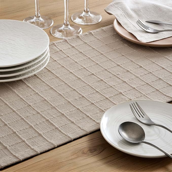 ZeeMart Artisanal Grid Linen Table Runner, 13x48 Inches Oatmeal | Heavy Textured, Durable Thick Fabric, Farmhouse Handwoven Feel Linen Runner, Easy Care Table Decor for Kitchen Dining Room