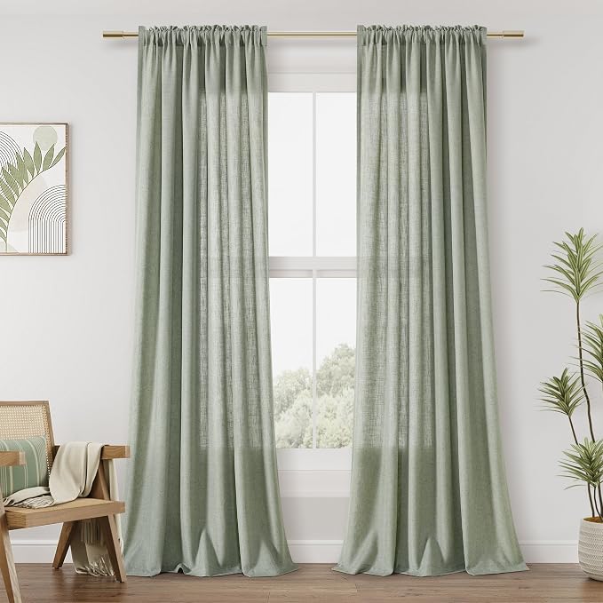 Sage Green Linen Curtains 90 Inch Length for Living Room Bedroom 2 Panels Set Rod Pocket Light Filtering Semi Sheer Window Curtains 52 Inch Width Boho Farmhouse Linen Drapes, W52xL90