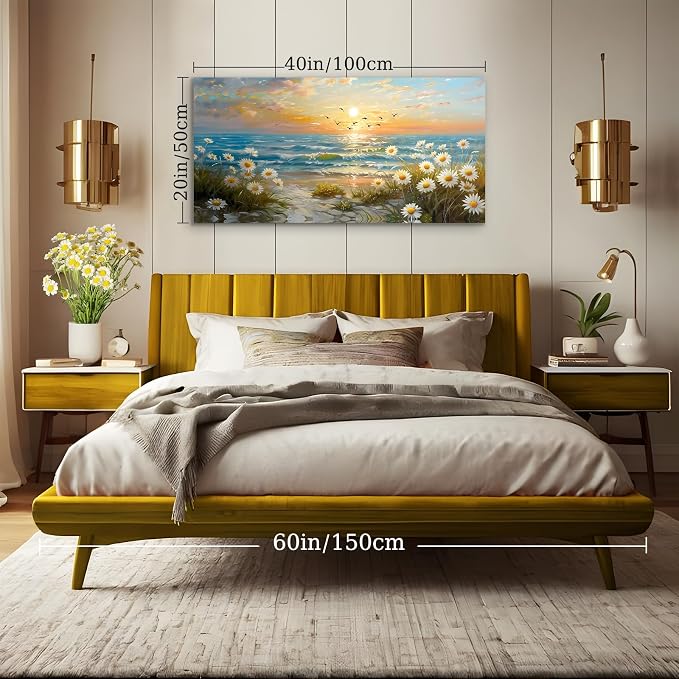 SERIMINO Sunset Landscape Wall Art, Coastal Floral Canvas Painting 20"X40" | Coastal Wall Decor, Seaside Daisy Wildflower Art Prints, Bedroom Living Room Dining Room Decor, Ready To Hang, Vibrant Colors
