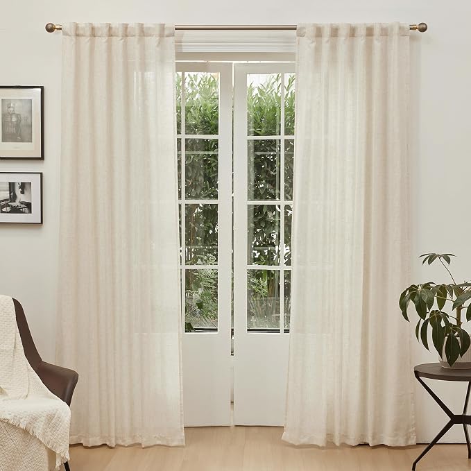 MYSKY HOME 90 Inches Long Linen Curtains for Living Room, Semi Sheer Bedroom Curtains Farmhouse Boho Room Decor Sliding Glass Patio Doorways Light Filtering Privacy Protect, 50" x 90", Linen, 2 Panels