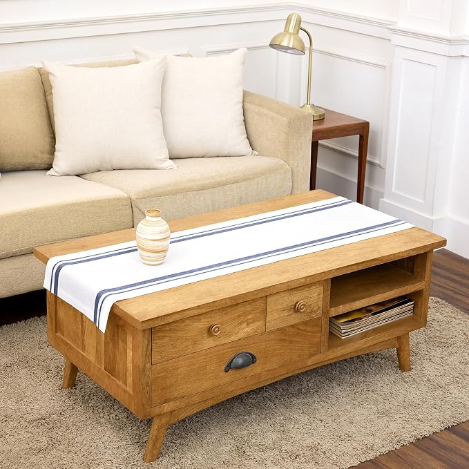 Solino Home 100% Pure Linen Table Runner, 14 x 60 in, Navy and White Stripe | French Stripe, brings a tailored look to family meals and hosting, European flax fibres, low iron finish, OEKO-TEX Certified