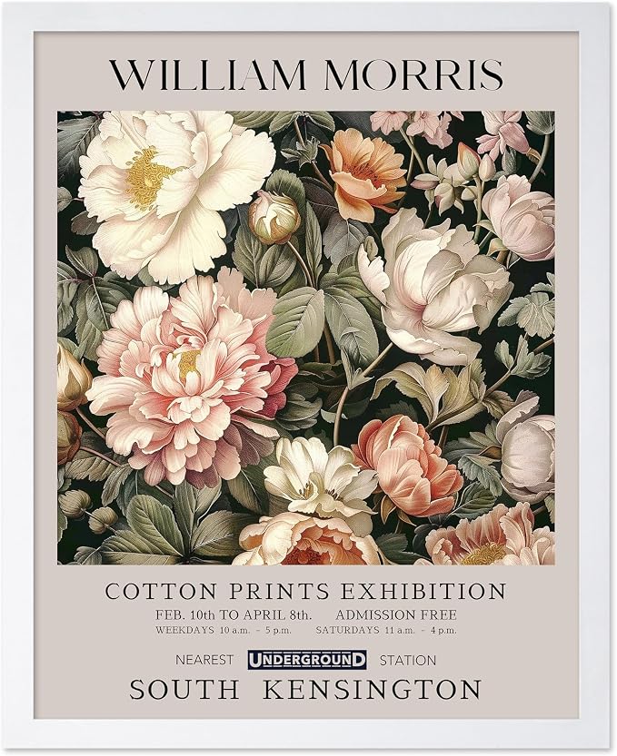 Poster Master William Morris Poster - Pink Peonies Print - Flower Art - Botanical Art - Exhibition Illustration - Textile Pattern Illustration - Floral Illustration - Aesthetic Office or Bedroom Decor - 11x14 White Framed