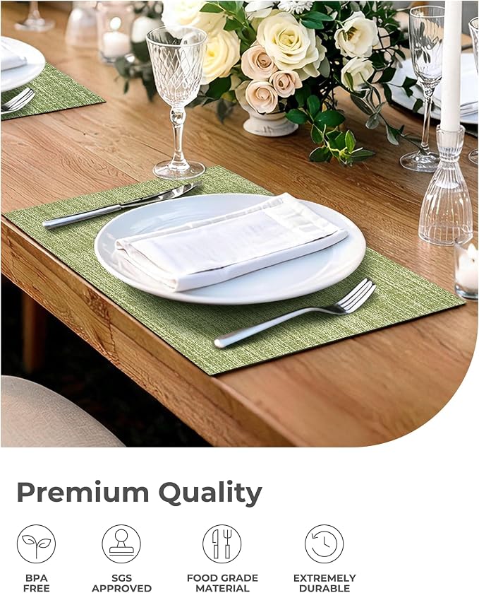 Leetaltree Bean Green Woven Placemats Set of 24 - Heat Resistant Non-Slip Place Mats for Dining Table, Washable Durable PVC Table Mats(Bean Green, 24)