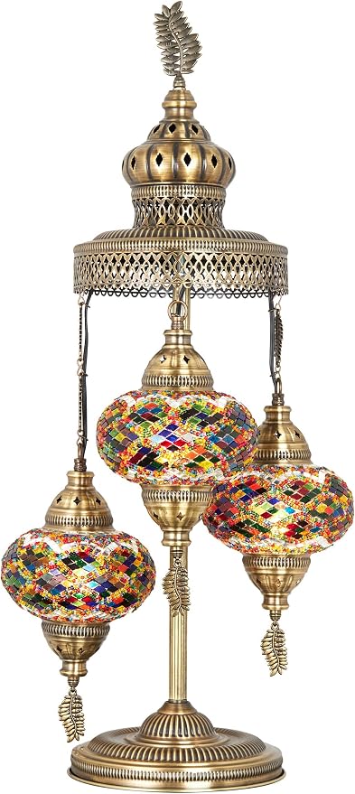 DEMMEX 3 Big Globes XL Magnificent Handmade Turkish Moroccan Mosaic Tiffany Style Table Desk Bedside Lamp Lampshade Exotic Night Accent Light for North American Use, 31" Height