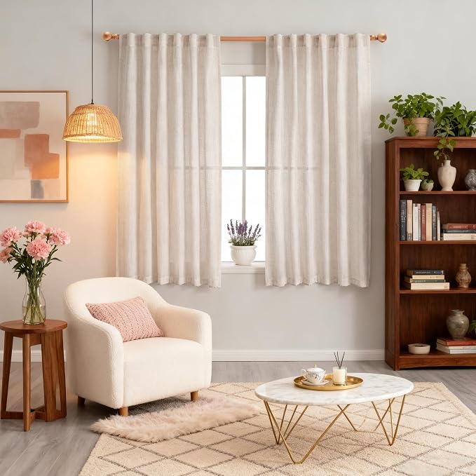 MYSKY HOME Natural Linen Curtains for Kitchen Window Half Sheer Drapes 45 Inches Long, Farmhouse Style Linen Polyester Blend Fabric, Decorative Texture for Bathroom Closet Cafe, 50" x 45", 2 Pieces
