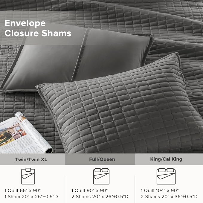 Comfort Spaces Kienna Queen Quilt Bedding Set 3 Piece, 90"x90" Charcoal | Soft Cozy Lightweight Summer Coverlet Full Size, Quilted Bedspreads Extra Layer, Modern Casual Bedroom Decor, OEKO-TEX