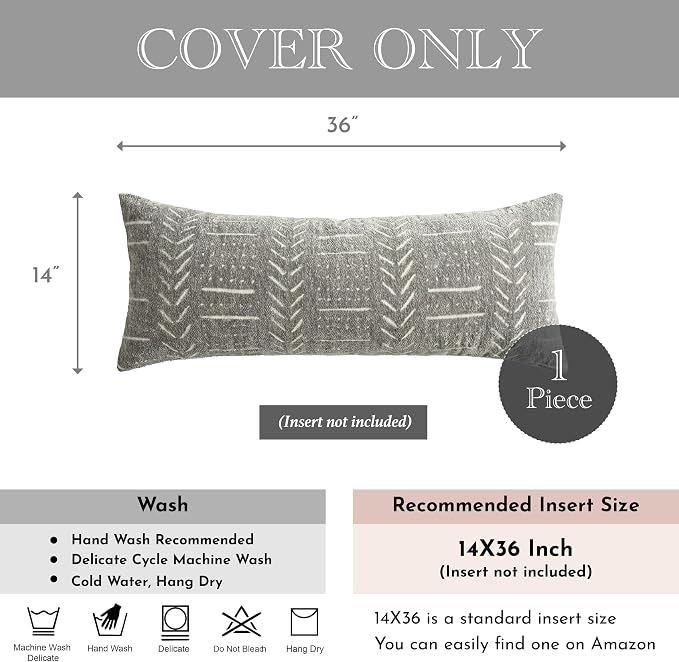 BlissBlush Decorative Long Lumbar Pillow Cover 14x36 for Bed, Light Gray Soft Woven Chenille Accent Pillow Cover for Bedroom Couch Sofa, Textured Farmhouse Boho Cushion Cover