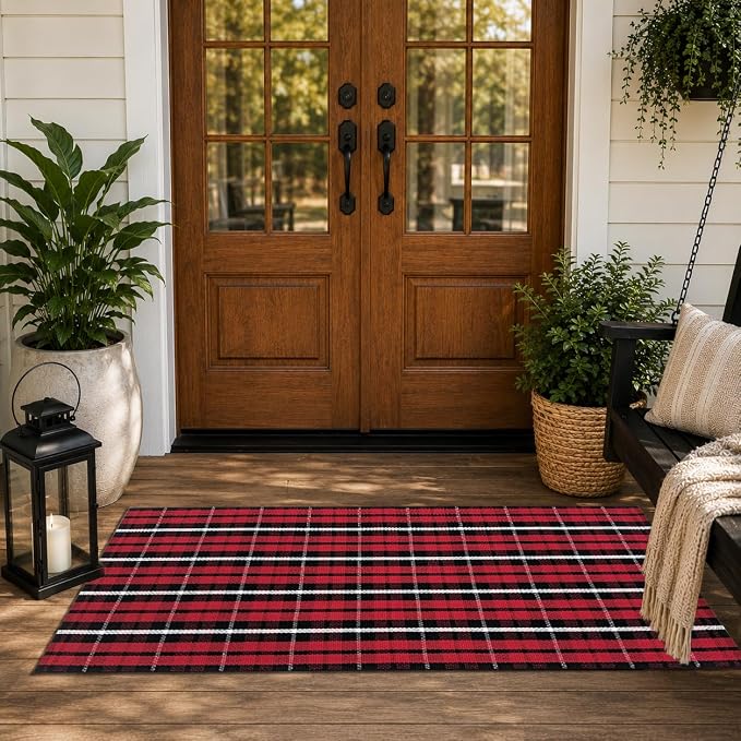 USTIDE Buffalo Plaid Cotton Handwoven Rug 2' x 4'3" Machine Washable Layered Front Porch Rug Red Black Checkered Farmhouse Entryway Mat Indoor Outdoor Door Mat for Patio Porch Christmas Holiday Decor