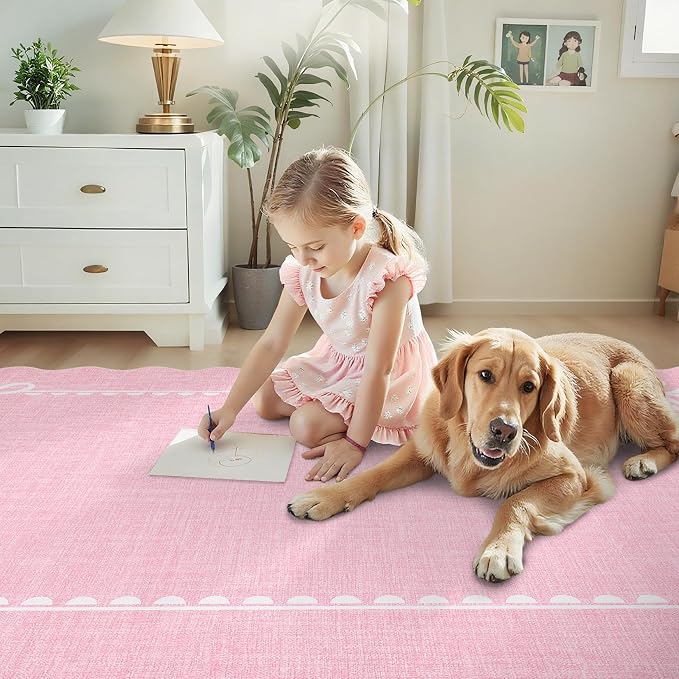 COZYLOOM 4x6 Scalloped Living Room Rugs Washable Kids Bedroom Rug, Non Slip Stain Resistant Modern Bow Rug Non Shedding Low Pile Solid Carpet Foldable Bordered Mats for Entryway, Dining Room, Pink