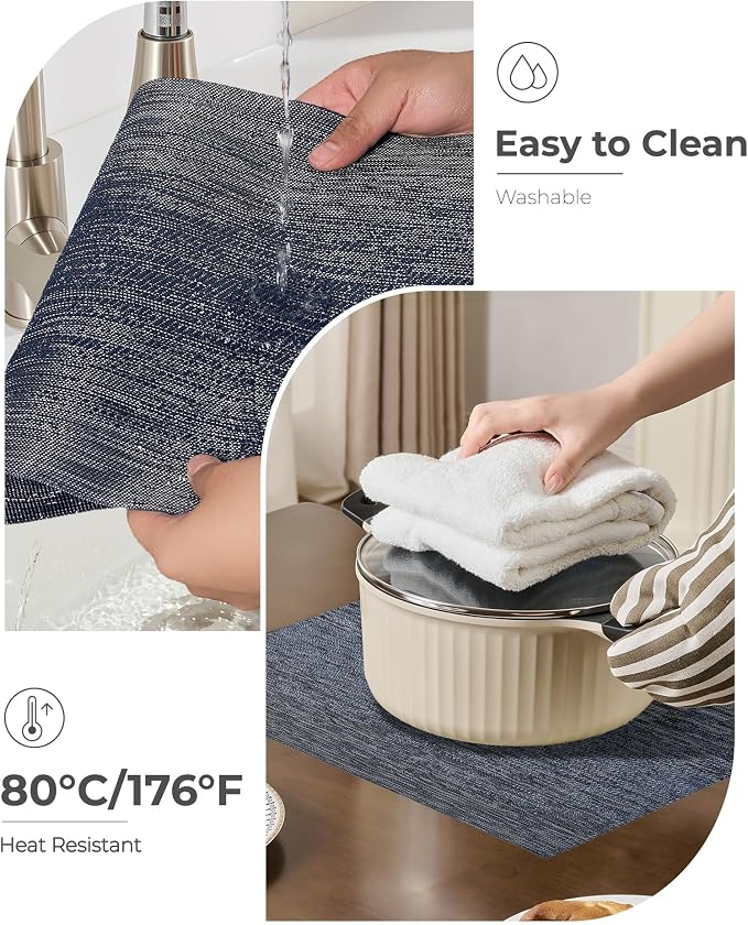 Leetaltree Denim Blue Placemats Set of 4 - Heat Resistant Non-Slip Place mats for Dining Table, Washable Durable PVC Vinyl Woven Table Mats（Denim Blue, 4）