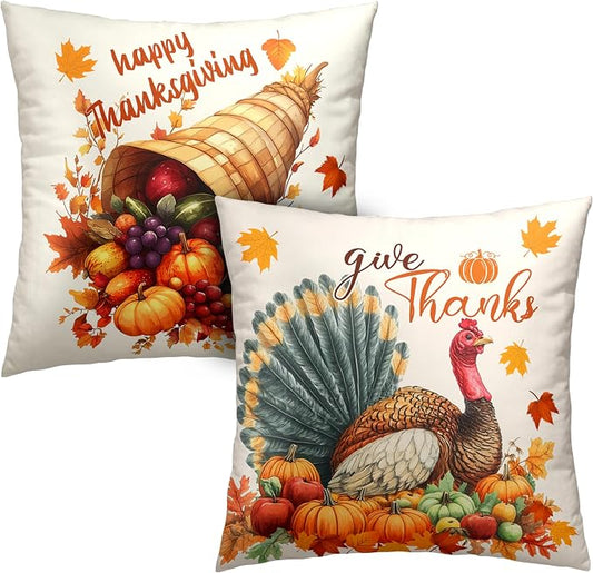 Set of 2 Thanksgiving Throw Pillow Covers 24x24 Turkey with Autumn Pumpkin Pillow Covers Fall Harvest Pillow Case Square Cushion Case for Living Room Couch