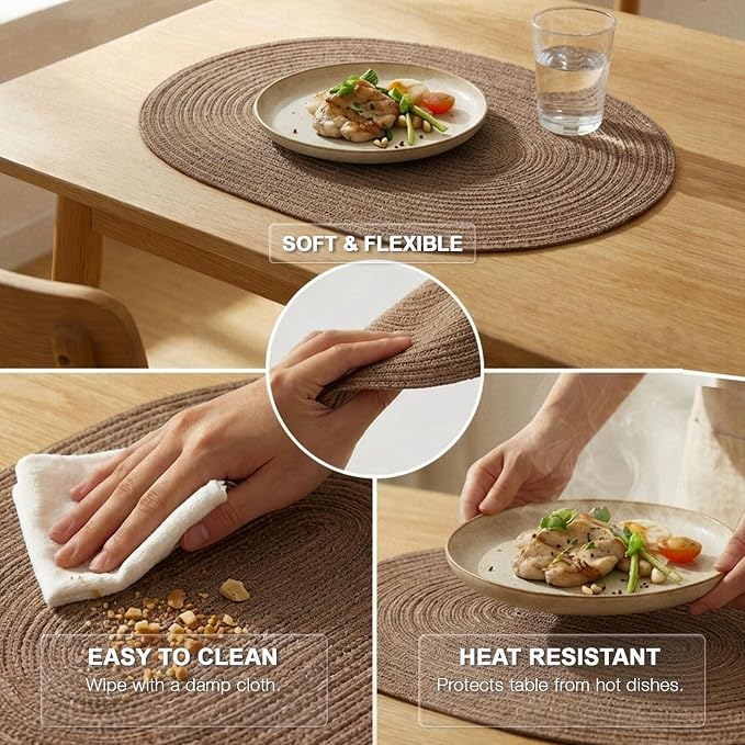 Placemats Set of 6, Woven Oval Braided Dining Table Mats(Chocolate Brown) | 12 x 17.5 Inch Size Fits Plates and Flatware; Hand Washable and Heat Resistant for Kitchen Use, with Farmhouse and Boho Style