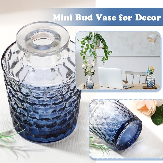 Inbagi 20 Pcs Glass Bud Vase Set - Small Flower Vases Bulk, Vintage Embossed Decorative Bottles for Wedding Valentine Home Table Centerpieces Decor, Gradient Blue