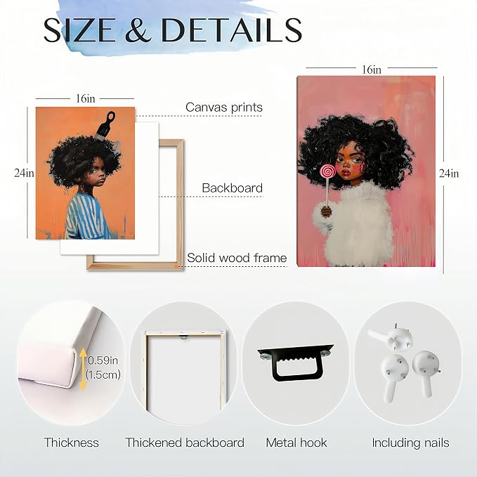 ouiytws Black Girl Wall Art Set of 2, Afro Canvas Prints for Kids Room | Framed 16x24 inch diptych wall art for kids bedroom, cute boho modern painting, ideal boys and girl room decor