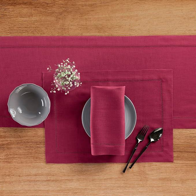 Solino Home 100% Pure Linen Dining Table Runner Beet Hemstitch, 14 x 108 in | Classic Hemstitch, dresses up dining tables for everyday meals, hemstitched border, mitered corners, soft, OEKO-TEX Certified