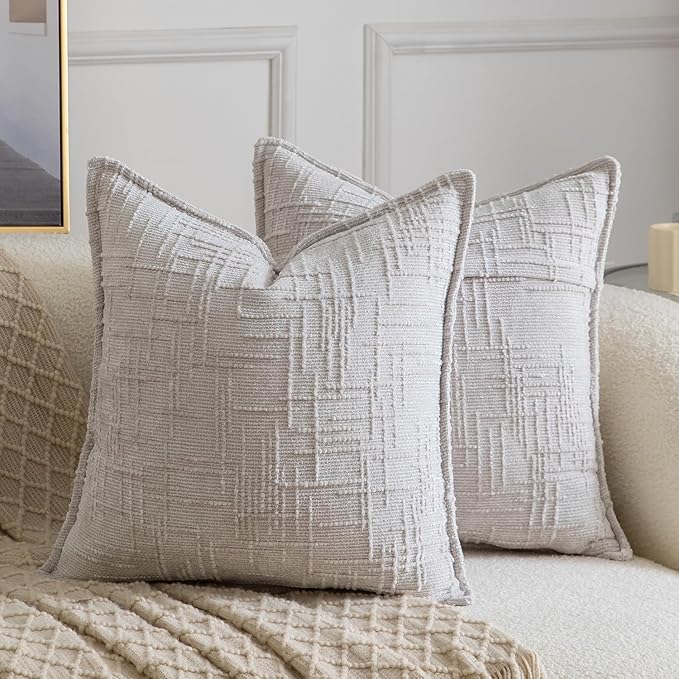 MADIZZ Pack of 2 Chenille Throw Pillow Covers 20x20 Inch Light Grey Soft Neutral Decorative Throw Pillows for Couch Sofa Boho Accent Cushion Covers Modern Farmhouse Home Decor for Bedroom Living Room