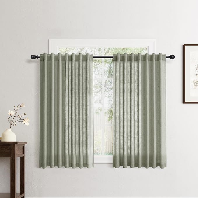 Jowels Sage Green Linen Curtains 45 Inch Long 2 Panels for Living Room | Light Filtering Semi Sheer Curtain, Back Tab Pocket Pleated Look, Boho Farmhouse Textured Privacy Drapes for Bedroom Window