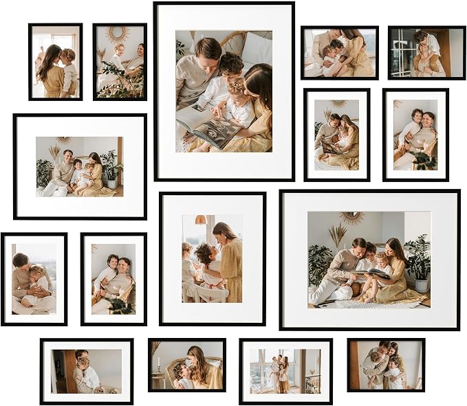 eletecpro Aluminum Gallery Wall Frame Set of 16 with Glass Cover, Black | Including 2Pcs 11x14, 2Pcs 8x10, 6Pcs 5x7, 6Pcs 4x6 Photo Frames, Multiple Sizes Picture Frames Collage Wall Decor, Tabletop