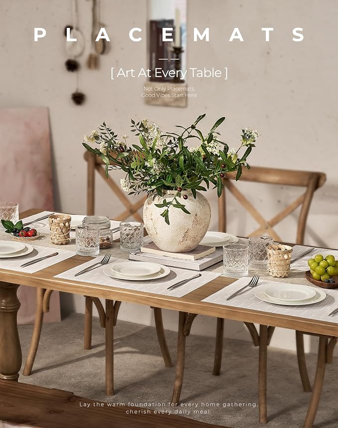 Leetaltree Pale Beige Placemats Set of 8 - Heat Resistant Non-Slip Place mats for Dining Table, Washable Durable PVC Vinyl Woven Table Mats（Pale Beige, 8）