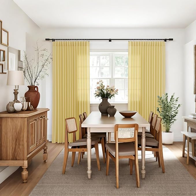 Jowels Yellow Linen Curtains 96 Inch Long 2 Panels for Living Room | Light Filtering Semi Sheer Curtain, Back Tab Pocket Pleated Look, Boho Farmhouse Textured Privacy Drapes for Bedroom Window