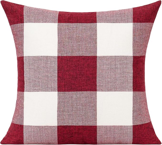 VAKADO 16x16 Inches Set of 2 Christmas Red and White Buffalo Check Plaid Throw Pillow Covers Farmhouse Decorative Square Burgundy Cushion Cases for Sofa Couch Bedroom Valentine Home Décor