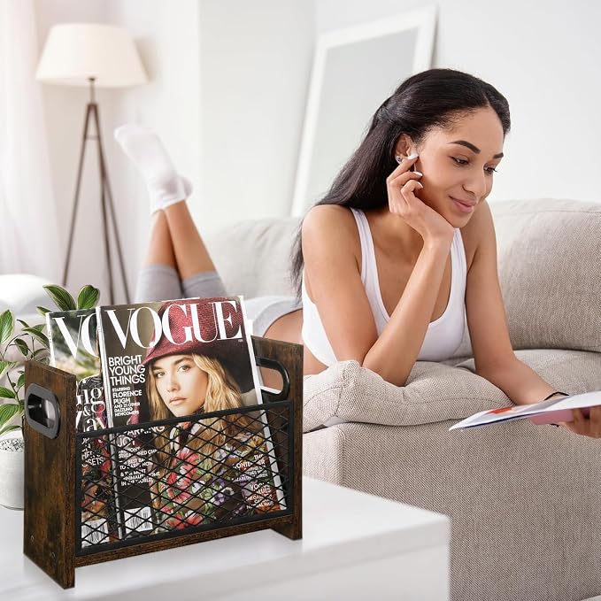 YINMIT Magazine Holder, Small Magazine Rack Floor or Desktop Storage Basket | Wood and Metal Construction, Retro Book Organizer, Compact Magazine File Holder for Desktop, Living Room, Office